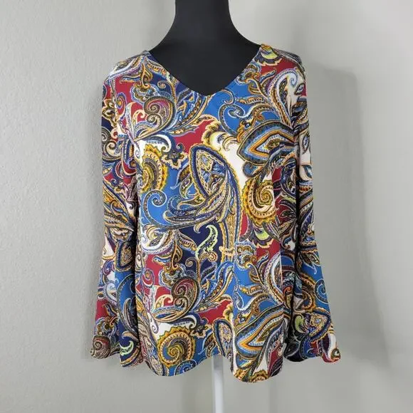 Valerie Stevens Bell Sleeve Paisley Top Medium - Picture 4 of 9
